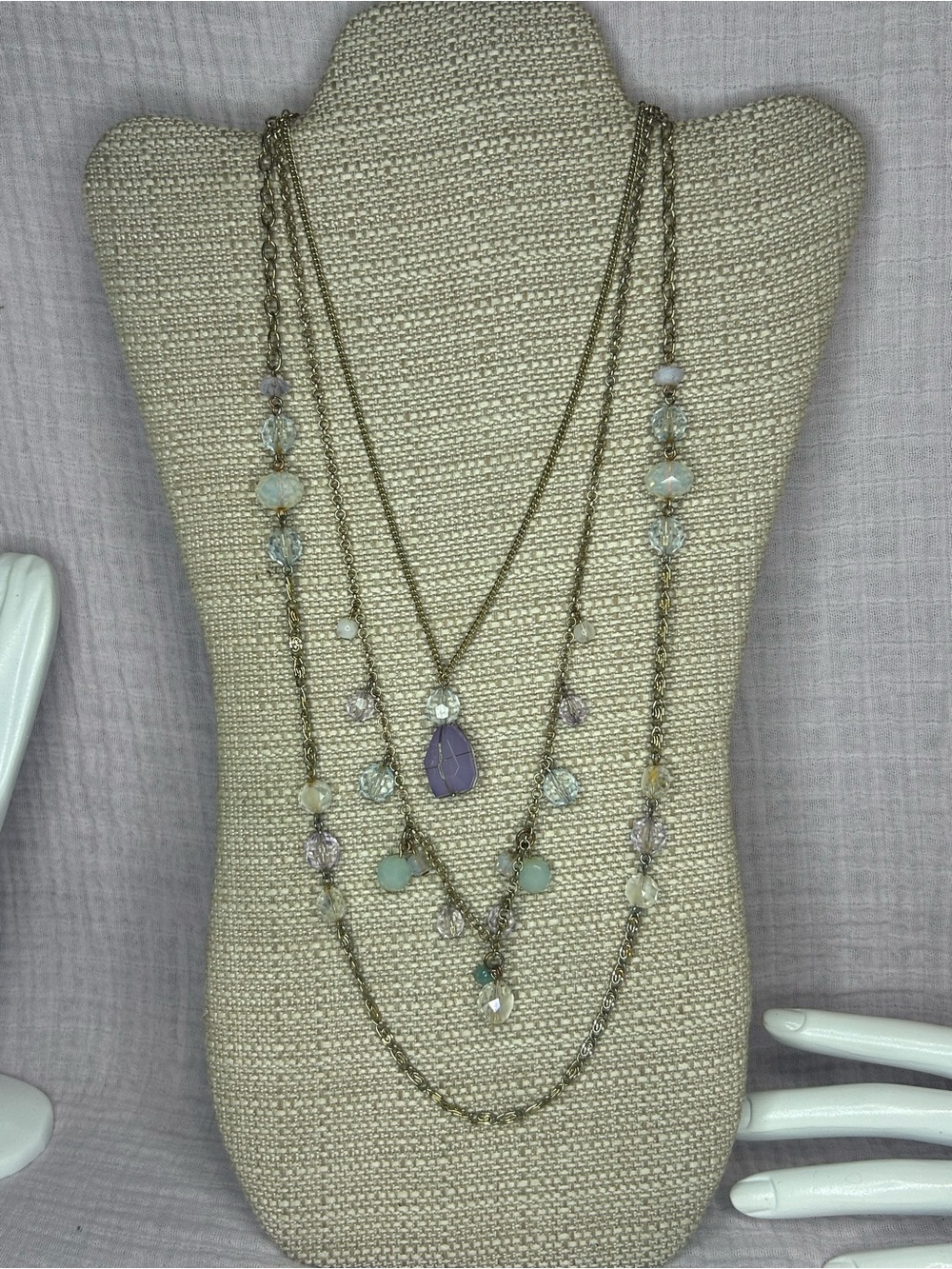 Charming Charlie Gold-Tone Layered Necklace with Lavender Pendant and Mint Beads